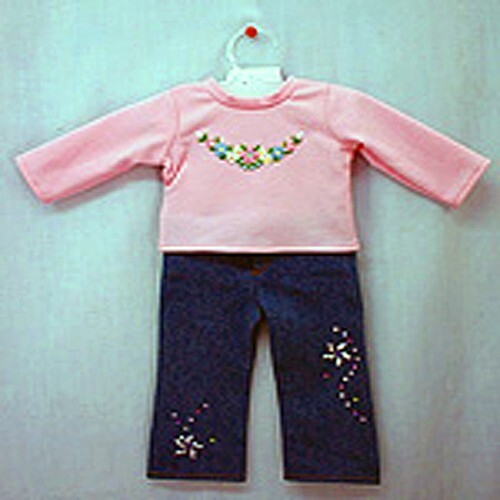 Pink Embroidered Top with Floral Sequin Jeans 2pc Set Fits 18inch AG Dolls