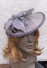 Gray Sinamay Derby Church Wedding Cocktail Headband Fascinator Feather Party