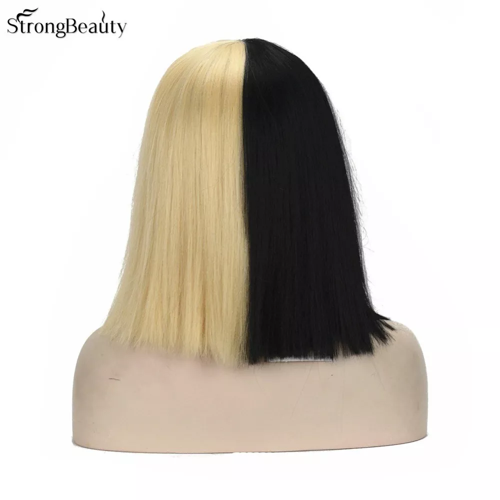 Cosplay Wig Medium Long Straight Half Black and Blonde Bob