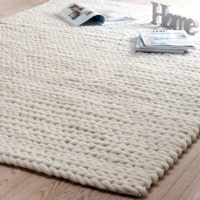 Rug Hand Knitted Chunky Wool Area Rug, Ivory Off White, Runner Tala