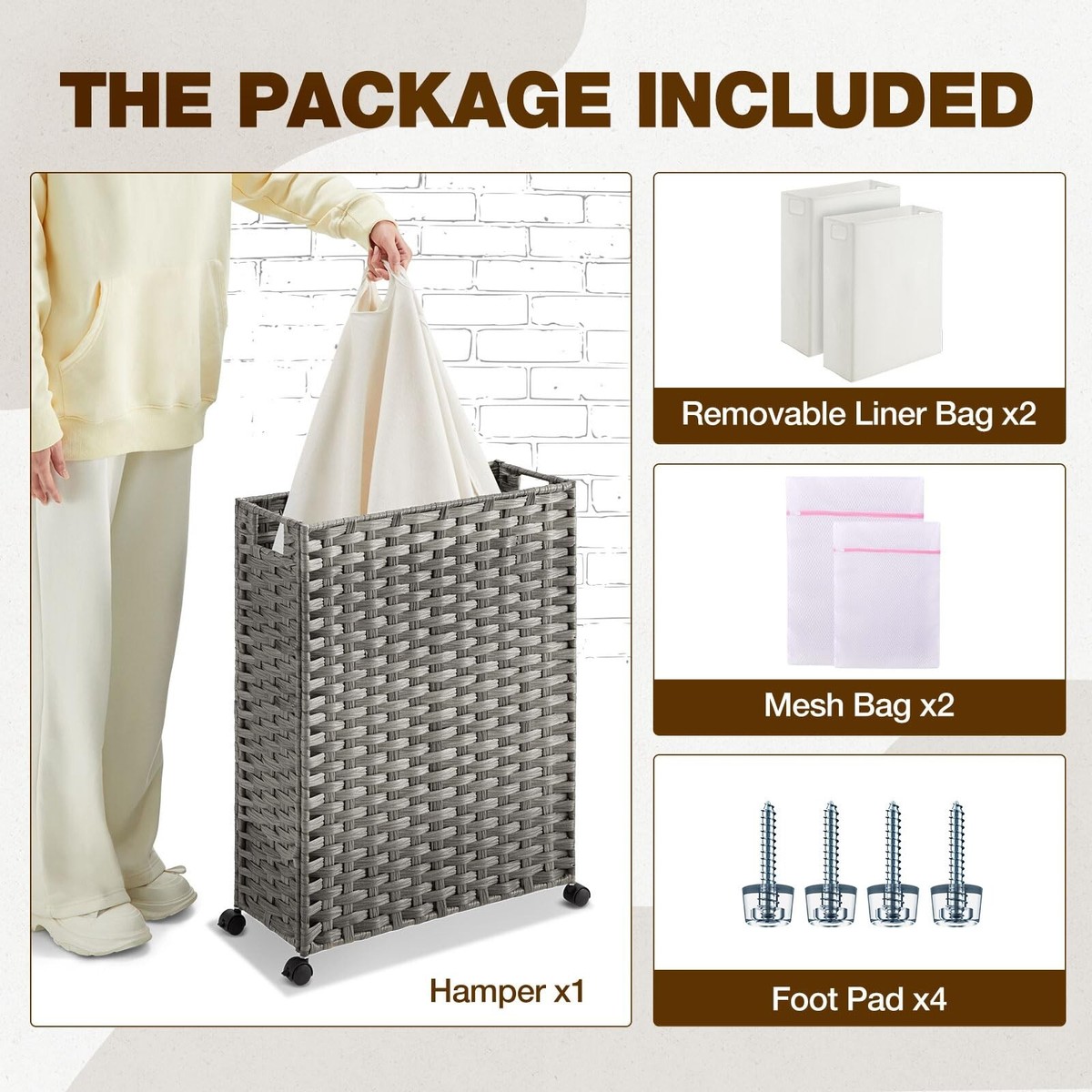 Greenstell Laundry Hamper With Wheels - 50L Slim Rattan Basket, 2 Removable Liner & Mesh Bags - View #3