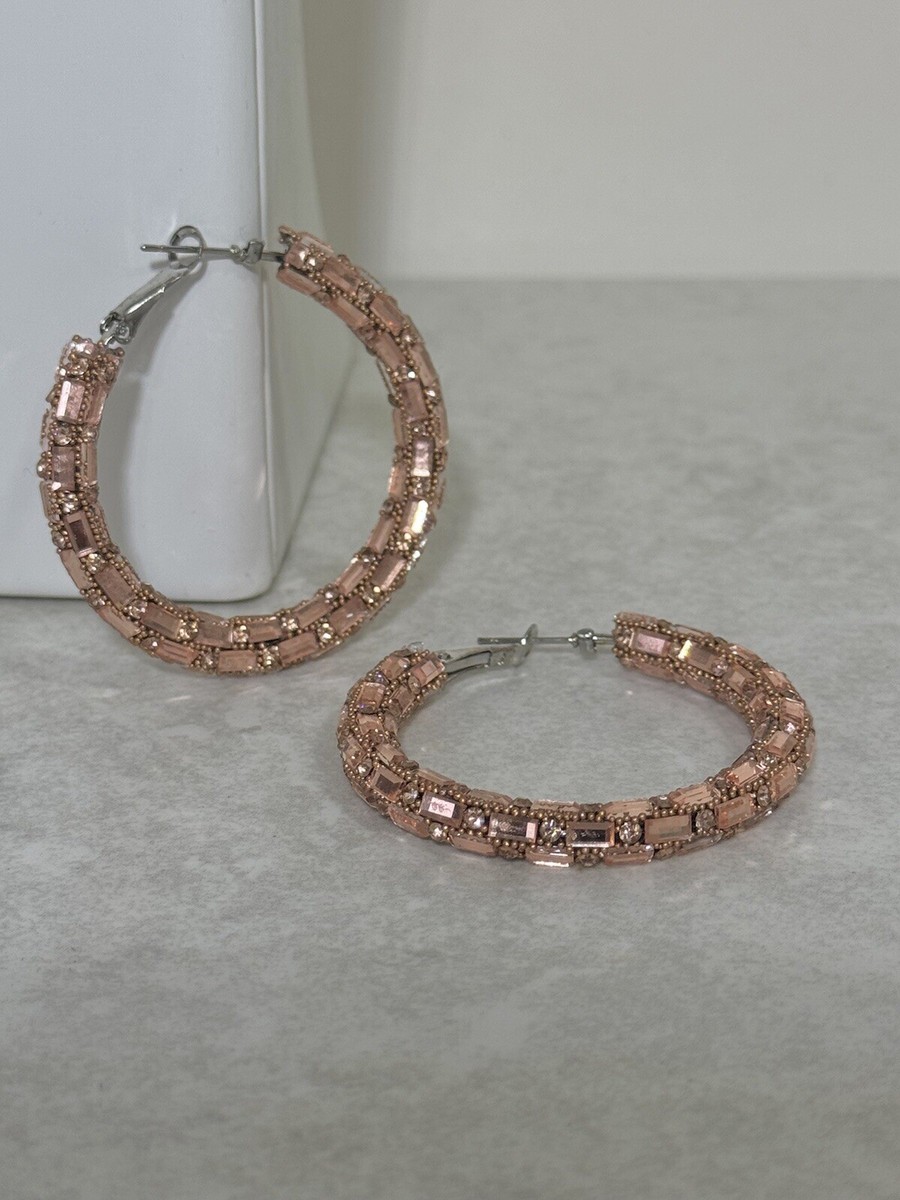 Brand New Hoops Rosy Gold Crystals Drop 6cm Pink Gold Earrings