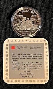 1989 CANADA .500 SILVER $1 PROOF COIN 200th ANNIV MacKENZIE VOYAGE +CASE/SPECS