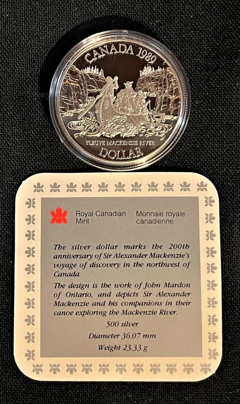 1989 CANADA .500 SILVER $1 PROOF COIN 200th ANNIV MacKENZIE VOYAGE +CASE/SPECS
