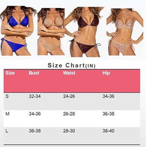 LEOMOSTE Women Sexy Two Piece Bikini Swimsuit Sequin, String Triangle Bikini, S - Picture 9 of 9