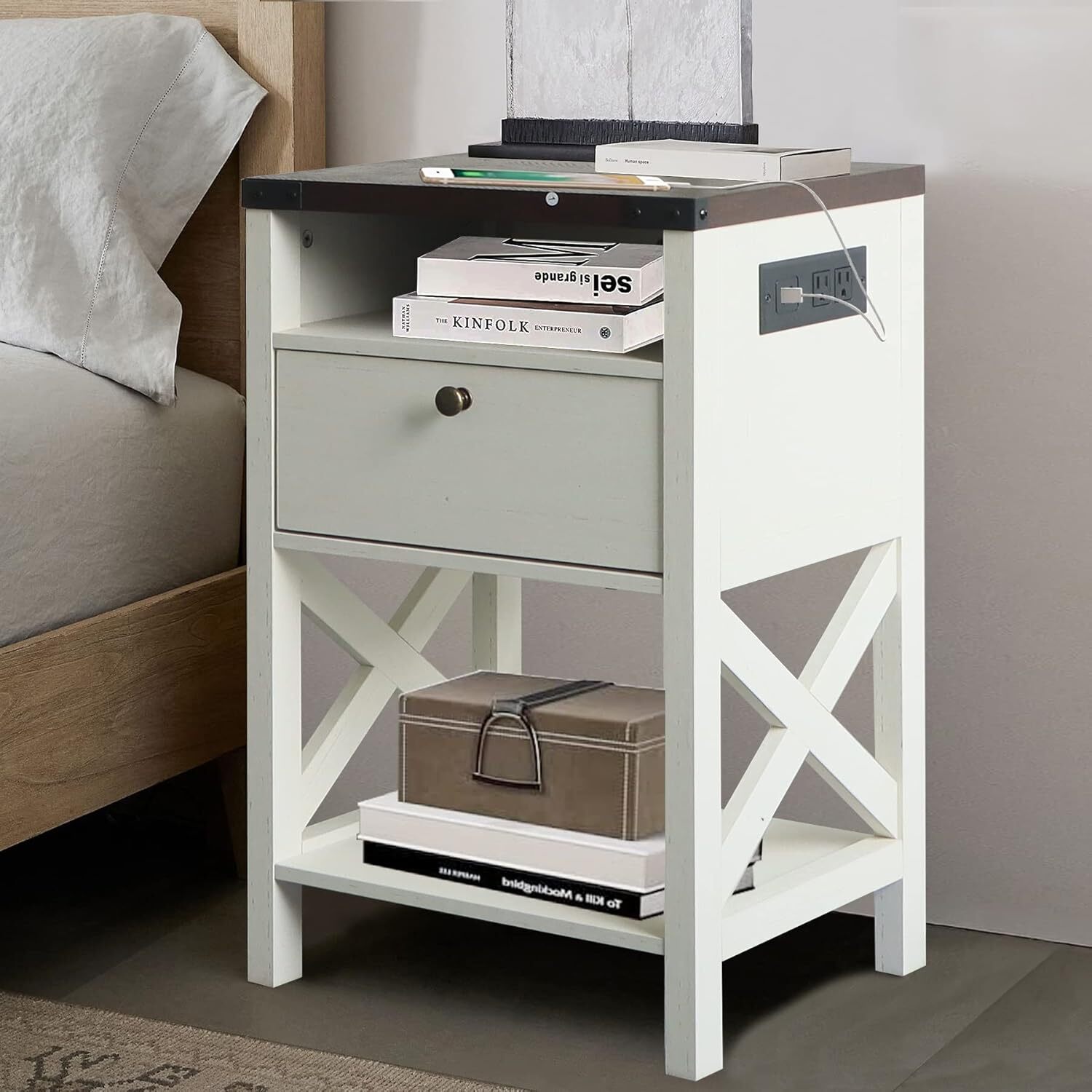 Modern Nightstand with Charging Station & Drawer - Bedside End Table-image