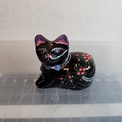 Black Lacquer Cat Figure Figurine Floral Hand Painted Sitting Laying Down 