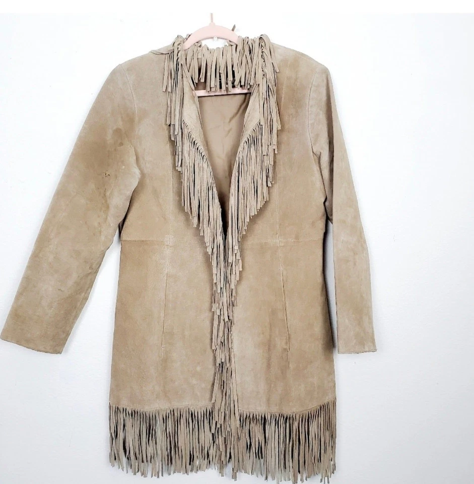 Maxi Abrigo Chaqueta Cárdigan Vintage Años 90 Y2K Gamuza Flecos Boho Talla Mediana Cerdo Férula