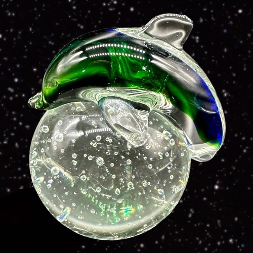 Art Glass Dolphin Paperweight Figurine on a Clear Sphere with Bubbles 4”T 3”W - 第 2/16 張圖片