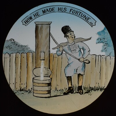 Magische Laternenfolie WIE ER SEIN VERMÖGEN MACHT UM 1890 COMIC ILLUSTRATION VIKTORIANISCH