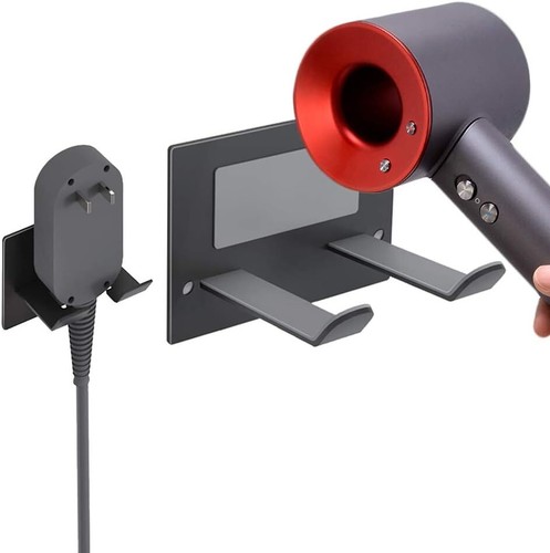 Wall Mounted Self Adhesive Hair Dryer Holder - Bathroom Storage Rack (Black)