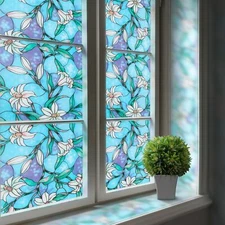 rabbitgoo Stained Glass Window Film Static Cling Blue Lily Decorative Film Door
