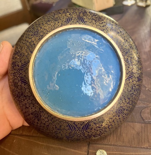 Beautiful Rare Antique Chinese Cloisonné Cobalt Blue Gold Bronze Bowl China Mint - Picture 4 of 17