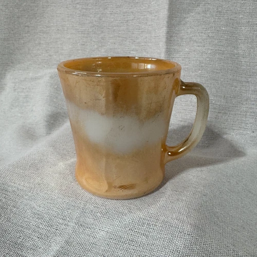 Vintage Anchor Hocking Fire King Mug Coffee Cup 2 tone Peach/Milk WhiteD Handle 