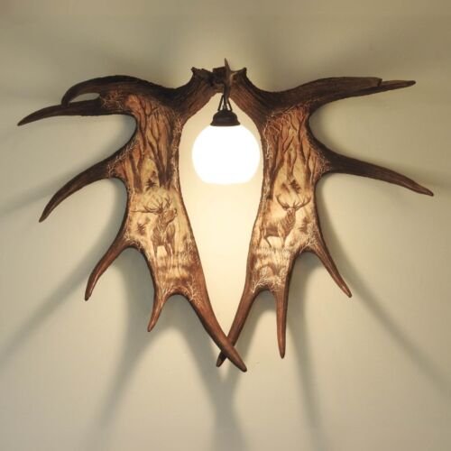 Large Moose Antler Wall Sconce with Carvings shows Deers - Picture 2 of 5