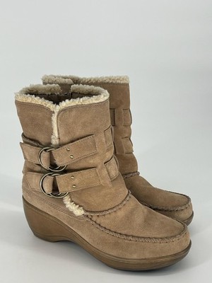SoftWalk Boots Womens Size 9 Tan Suede Wedge Shearling Buckle Zip S1268-234