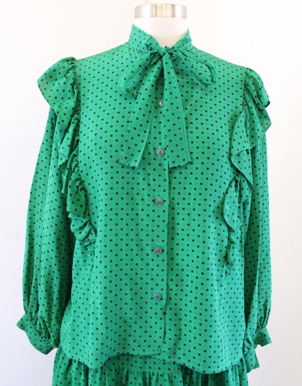 Vtg Miss O Oscar De La Renta Green Silk Polka Dot Skirt & Blouse 2 Pc Set Sz 10