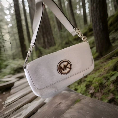 MICHAEL KORS FULTON ANTIQUE WHITE CHAIN LINK FLAP BAGUETTE PURSE HANDBAG BAG  - Photo 1/4