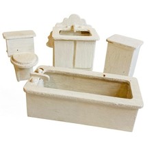 1980s Wooden Dollhouse Miniature White Set of 4 Bathroom Sink Tub Hamper Toilet