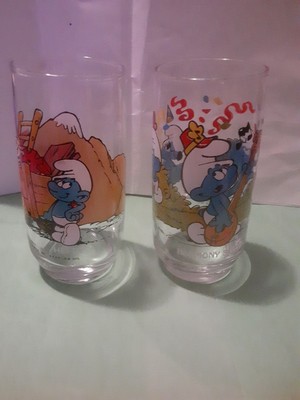 2 Vintage Smurfs Collectable Glasses Hardee's Hefty & Harmony Retro 1980's Mint