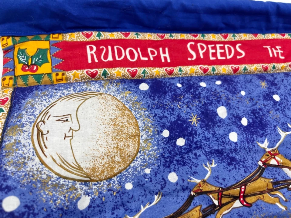 Vintage Christmas Santa Sleigh Fabric Quilt: Wall Hanging Panel Toys Advent - Image 2 of 4