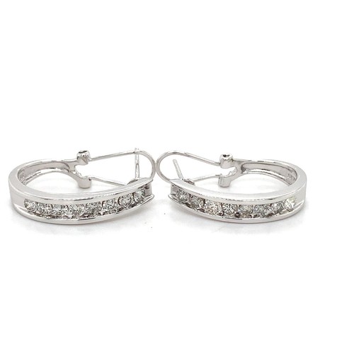 14K White Gold Round Diamond Tapered J-Hoop Omega Pierced Earrings - Picture 13 of 13