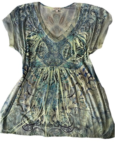 One World Y2K Green Fairy Cap Sleeve Mesh Sheer Back Hippie Whimsy Boho Top - Picture 7 of 23