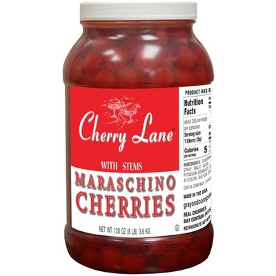 Cherry Lane Maraschino Cherries with Stems, 1 Gallon Jar   Bright Red Plump