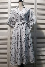 Tahari Faux Wrap Midi Shirt Dress Womens Medium White Black Print Waist Tie Belt
