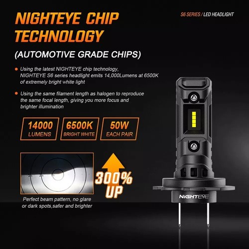 NIGHTEYE 2X H7 LED Headlight Bulbs Kit 50W 14000LM Hi-Lo Beam 6500K Super Bright - Picture 2 of 5