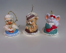 JASCO CARING CRITTER CHIMERS (3) Bisque Porcelain Bell Handpainted Ornament VTG