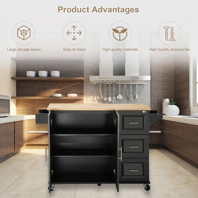 Kitchen Island & Kitchen Cart, Mobile Kitehcn Island with Extensible Rubber Wood