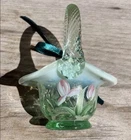 VTG FENTON Green Mini Opalescent Basket HandPainted Flowers Easter Spring SIGNED