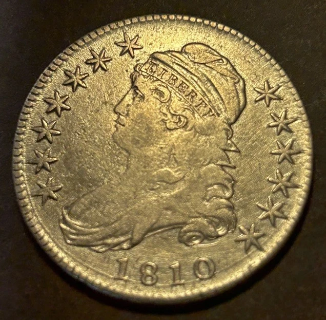 Medio dólar de plata busto tapado 1810 50c raro O-103 anverso troquel grieta Foto 3 de 4