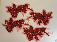 Lot of 4 Red Beaded Rhinestone Appliques Embroidered Floral Mesh Patches
