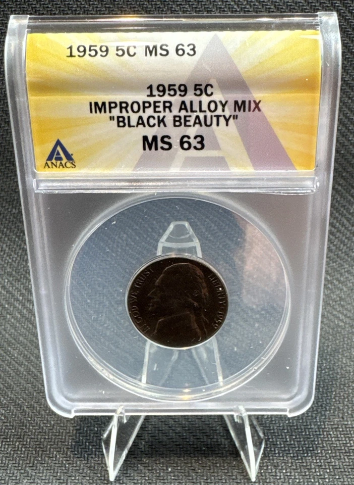 1959 Jefferson Nickel  ANACS MS 63  "BLACK BEAUTY" IMPROPER ALLOY MIX error coin - Image 2 of 4