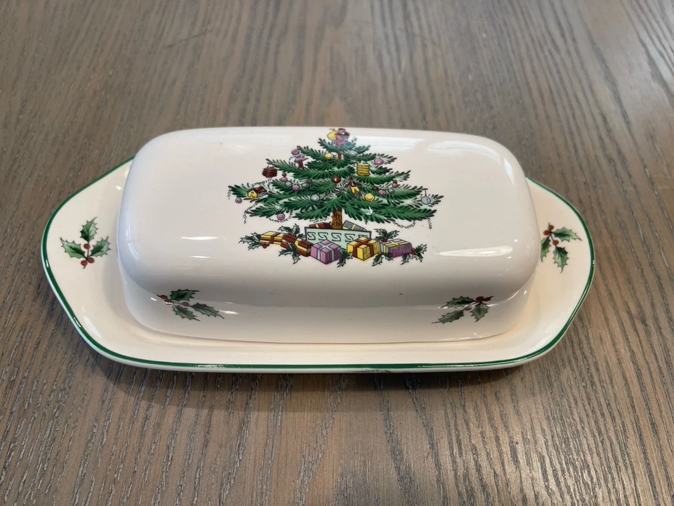 Spode Christmas Tree Butter Dish Covered England Vintage HTF - Image 2 of 4