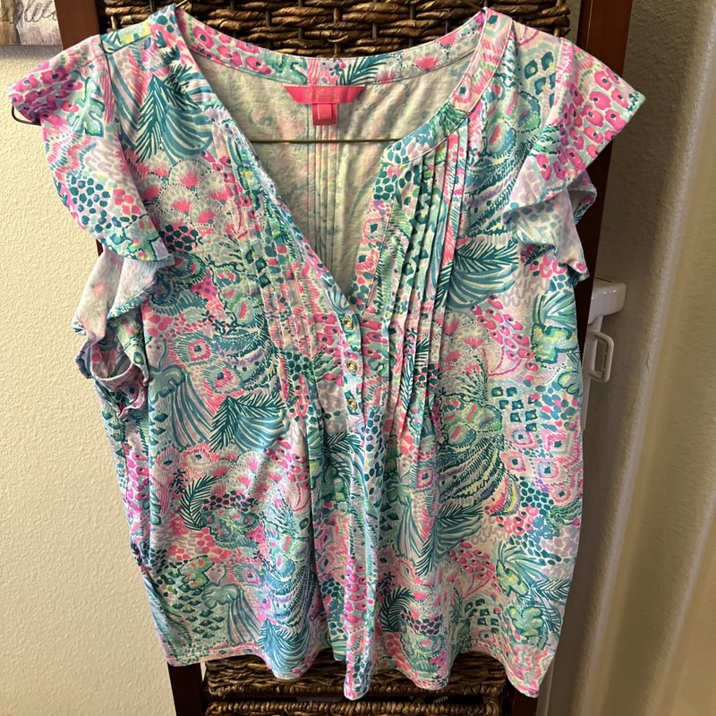 Lily Pulitzer Golda Top Blouse Ruffle Sleeve Banana Split Print Size XL NWOT