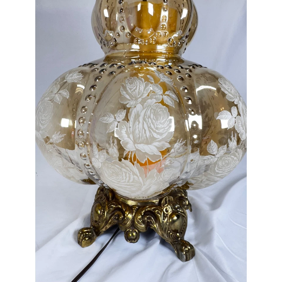 Carl Falkenstein MCM 3Way Hollywood Regency Ámbar Vidrio Burbuja Floral Rosa Lámpara Foto 3 de 4