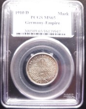 1910-D Germany 1 Mark 90% Silver Coin PCGS MS-65; Fine Toning!!! German Empire