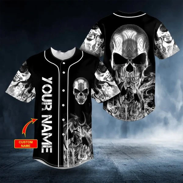 Tribal Metal Grim Reaper Flame Skull Personalized Baseball Jersey