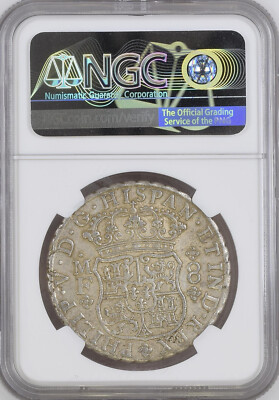 Mexico Philip V 8 Reales 'Pillars' 1743 Mo-MF NGC AU-55 Mexico