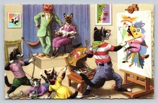Artist Eugen Hartung Dressed Cat Painting Family Mayhem Mainzer Postcard Belgium