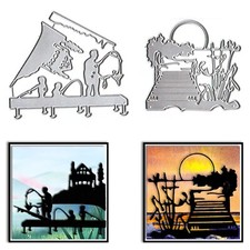 2 PCS Fishing Man Die Cuts for Card Making, Lake Bridge House Cutting Dies Se...