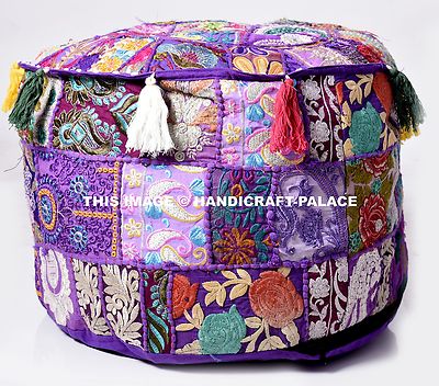 Handmade Indian Vintage Patchwork Ottoman Pouf – Purple Embroidered Footstool