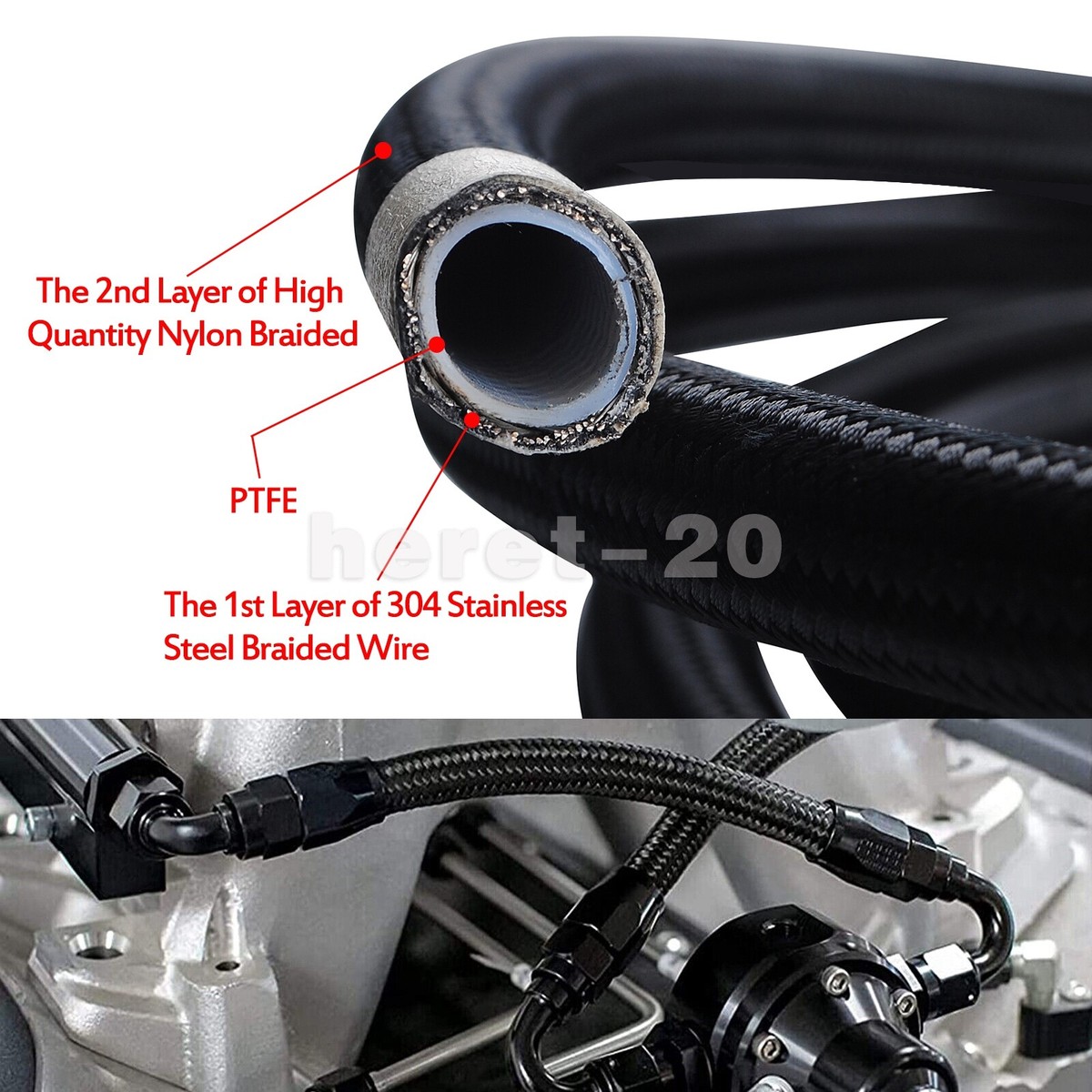 8AN Black Nylon PTFE Braided Stainless Steel Fuel Hose E85 Sold Per Foot Quality - Foto 2
