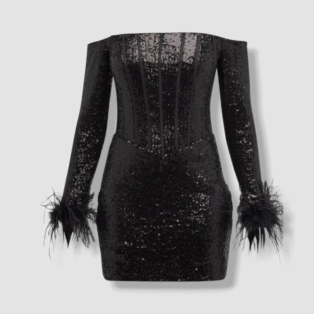 black feather trim mini dress $590 Jovani Women's Off-Shoulder Feather-Trim Sequin Size 8 Color may vary by Style-Color-Dim:AP1D106926_AA460_M All Black Outfits Men: Colors:Soft Tan