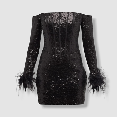 $590 Jovani Women's Black Off-Shoulder Feather-Trim Sequin Mini Dress Size  8 | eBay