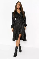 Satin Jacquard Wrap Midi Skater Goth Black Dress