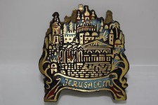 VINTAGE SOLID BRONZE ENAMEL JUDAICA JERUSALEM FOOTED NAPKIN HOLDER ILAN Marked